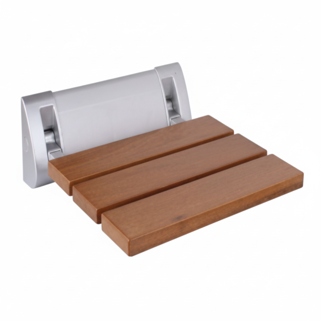 Grafiqe wall-mounted folding shower seat featuring three natural wood slats with a teak finish, supported by a heavy-duty silver satin-finished mounting bracket for rustproof bathroom safety and minimalist utility.