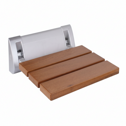 Grafiqe wall-mounted folding shower seat featuring three natural wood slats with a teak finish, supported by a heavy-duty silver satin-finished mounting bracket for rustproof bathroom safety and minimalist utility.