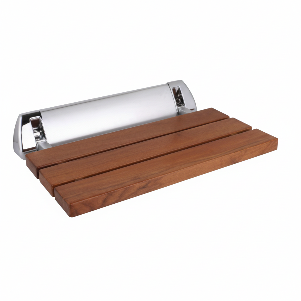 Grafiqe wall-mounted folding shower seat featuring high-quality wooden slats with a natural teak finish, secured by a heavy-duty polished chrome mounting bracket for rustproof bathroom safety and space-saving utility.