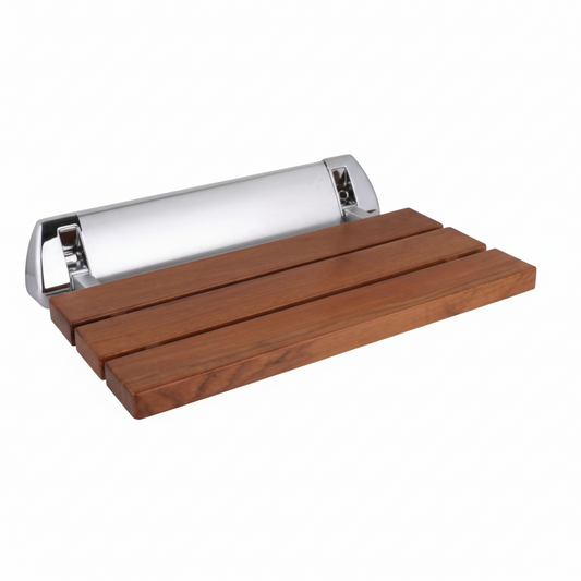 Grafiqe wall-mounted folding shower seat featuring high-quality wooden slats with a natural teak finish, secured by a heavy-duty polished chrome mounting bracket for rustproof bathroom safety and space-saving utility.