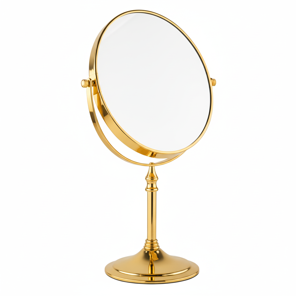 Grafiqe freestanding circular pedestal mirror in a brilliant gold finish, featuring a 360-degree double-sided swivel head for standard and magnified views on a sleek stem and a sturdy weighted base.