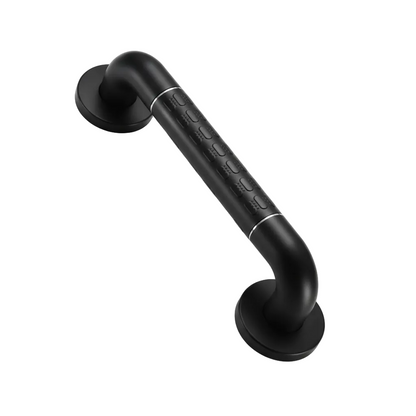 Grafiqe straight wall-mounted bathroom grab bar in a sleek matte black finish, featuring a central anti-slip textured grip zone and concealed-screw mounting flanges for modern shower and toilet safety.