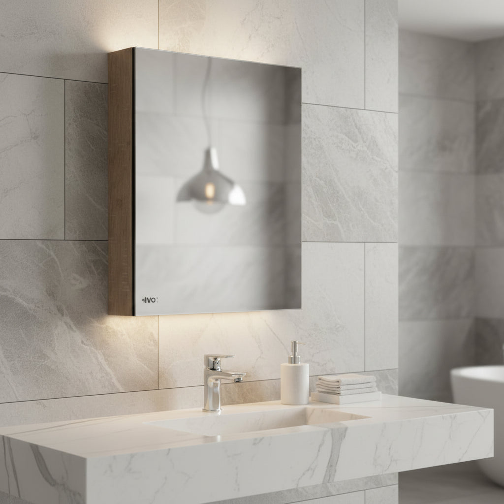 Lifestyle shot of a Grafiqe wall-mounted bathroom mirror cabinet with integrated ambient backlighting, installed above a white marble vanity sink in a modern gray marble-tiled bathroom.