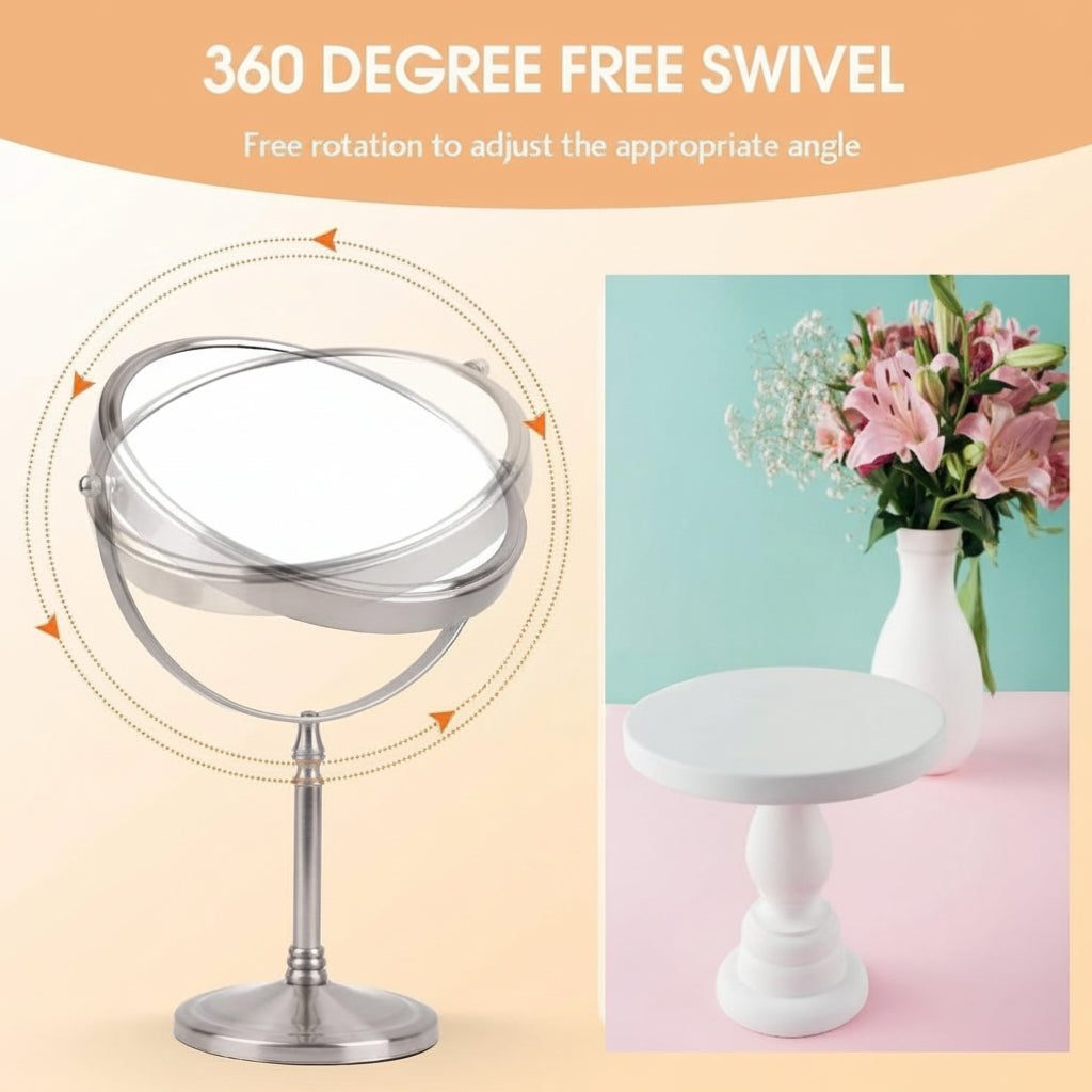 Technical infographic of the Grafiqe pedestal mirror demonstrating the 360-degree free swivel rotation for easy angle adjustment, alongside a lifestyle image of a white vanity stand and floral arrangement.