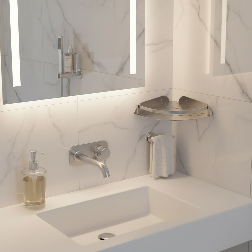 Lifestyle view of a Grafiqe perforated stainless steel corner shelf installed on a white marble-tiled wall, positioned next to a backlit bathroom mirror and modern brushed metal faucet for high-end vanity organization.