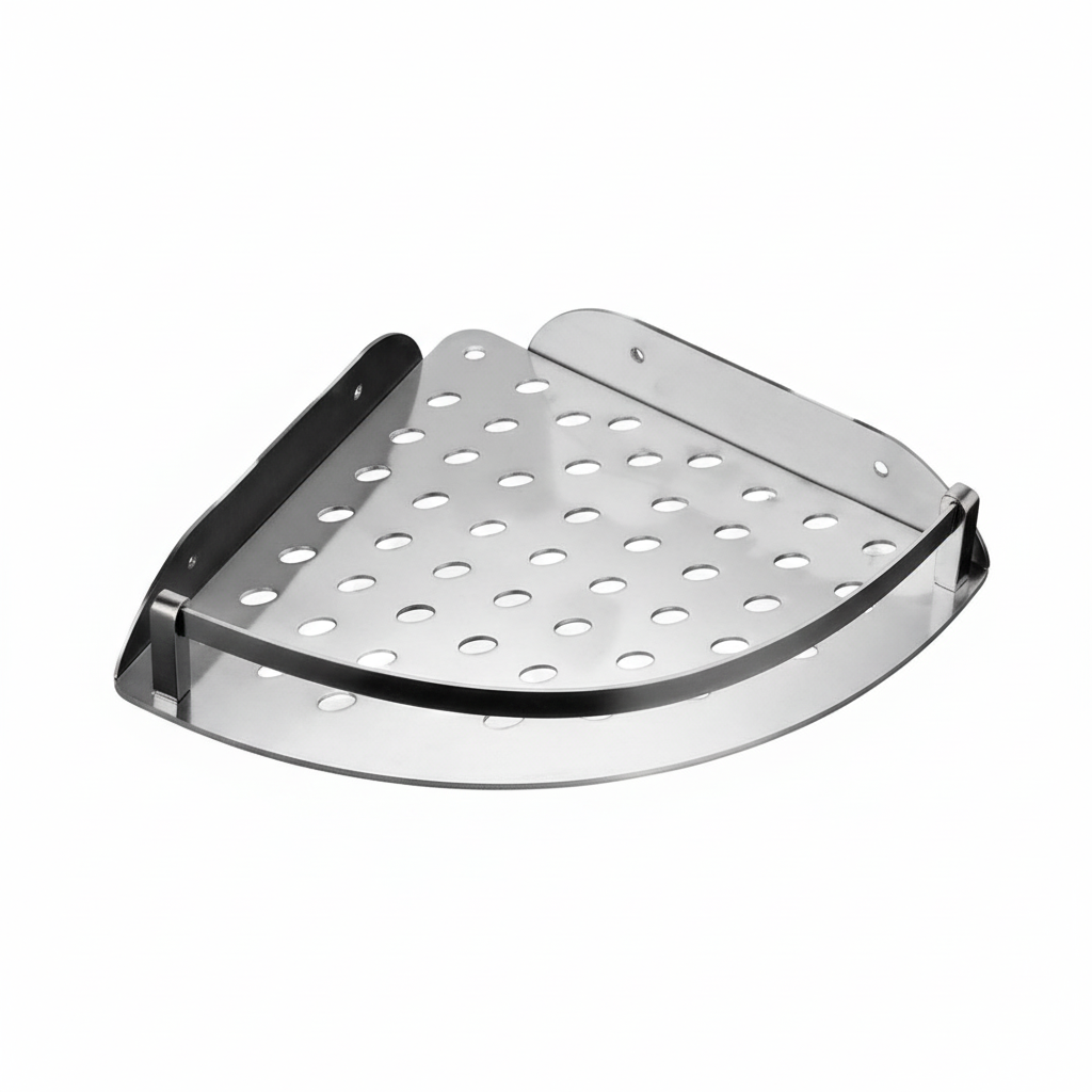 Grafiqe triangular corner shower shelf made of silver stainless steel, featuring a high-drainage perforated circular hole pattern base, a raised front safety rail, and pre-drilled wall-mounting points for rustproof bathroom storage.