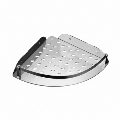 Grafiqe triangular corner shower shelf made of silver stainless steel, featuring a high-drainage perforated circular hole pattern base, a raised front safety rail, and pre-drilled wall-mounting points for rustproof bathroom storage.