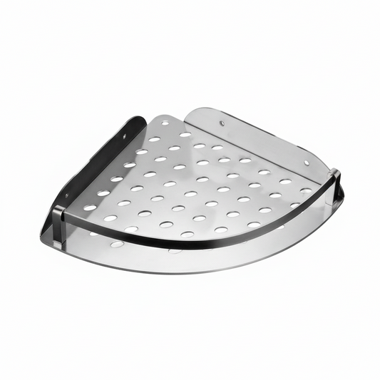 Grafiqe triangular corner shower shelf made of silver stainless steel, featuring a high-drainage perforated circular hole pattern base, a raised front safety rail, and pre-drilled wall-mounting points for rustproof bathroom storage.