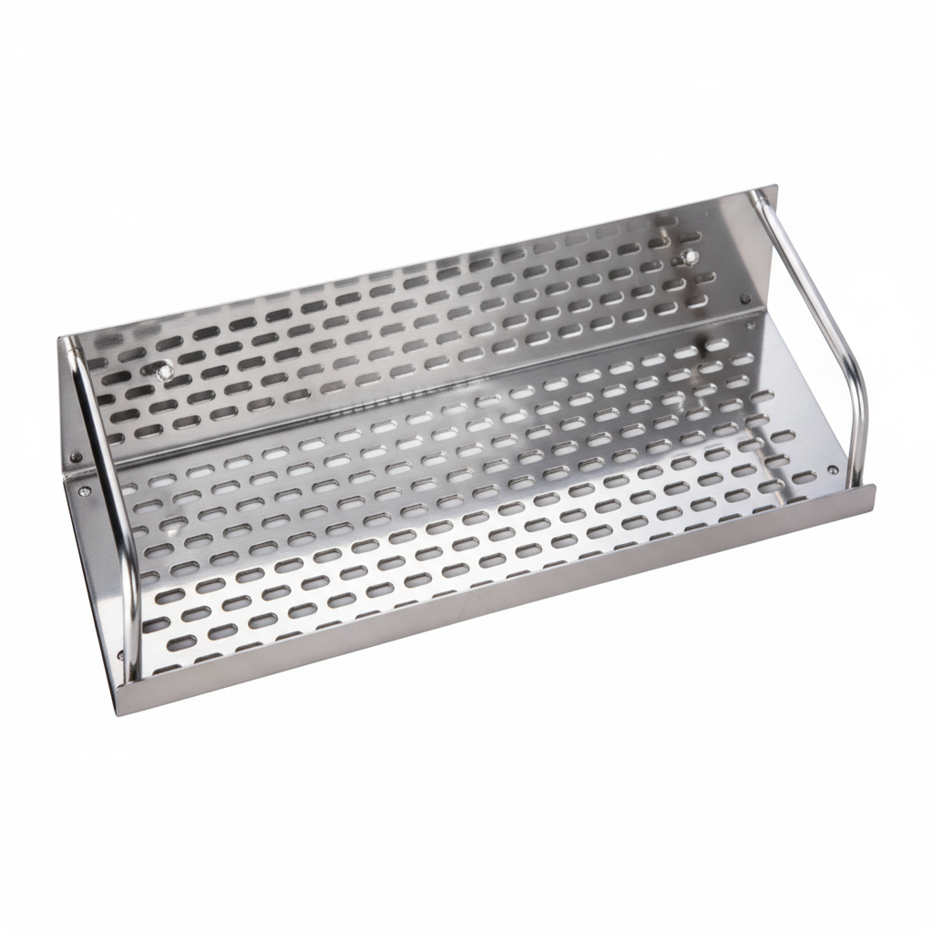 Grafiqe rectangular bathroom shelf made of brushed stainless steel, featuring a high-drainage perforated oblong hole pattern, raised side safety rails, and integrated wall-mounting points for rustproof shower and vanity storage.