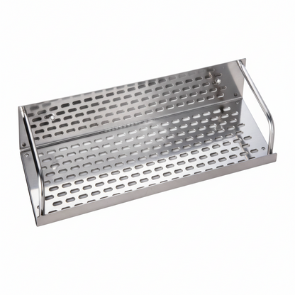 Grafiqe rectangular bathroom shelf made of brushed stainless steel, featuring a high-drainage perforated oblong hole pattern, raised side safety rails, and integrated wall-mounting points for rustproof shower and vanity storage.