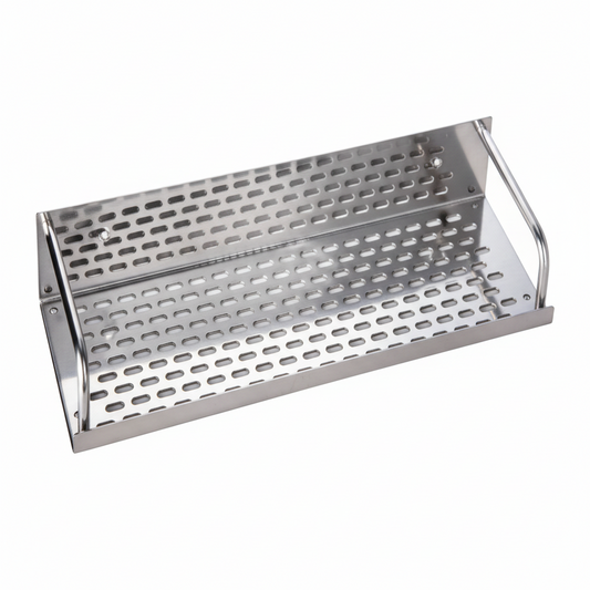 Grafiqe rectangular bathroom shelf made of brushed stainless steel, featuring a high-drainage perforated oblong hole pattern, raised side safety rails, and integrated wall-mounting points for rustproof shower and vanity storage.