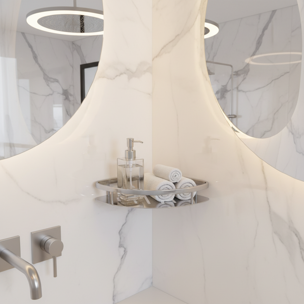 Lifestyle view of a Grafiqe polished stainless steel corner shelf holding a glass soap dispenser and rolled towels, installed on a white marble wall between two large illuminated circular mirrors in a modern luxury bathroom.