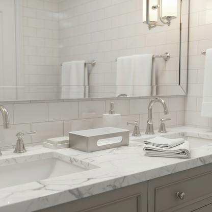 Lifestyle shot of a Grafiqe rectangular brushed stainless steel organizer tray placed on a white marble vanity countertop, situated between two sinks with chrome faucets in a modern bathroom with white subway tile and large mirrors.