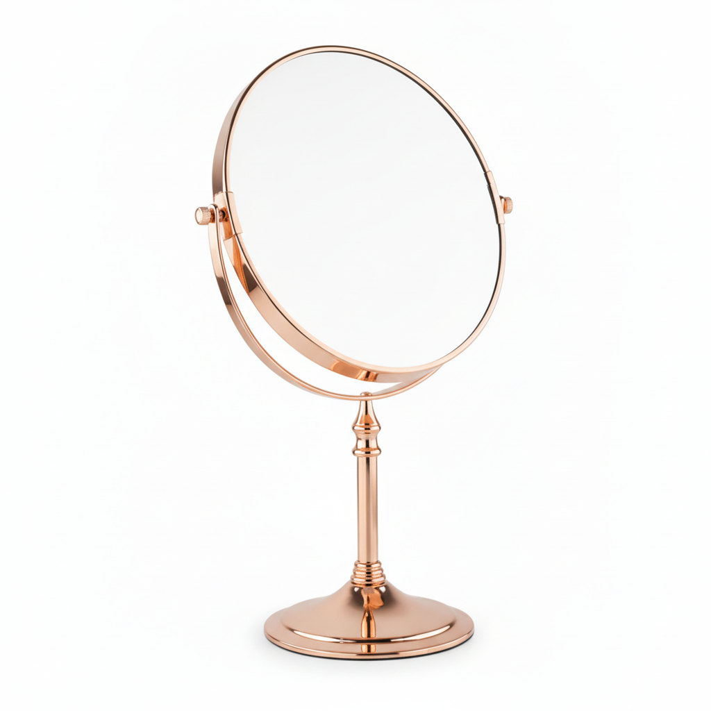 Grafiqe circular pedestal tabletop mirror in a premium rose gold finish, featuring a 360-degree double-sided swivel head for standard and magnifying views on an elegant stem and a stable weighted base.