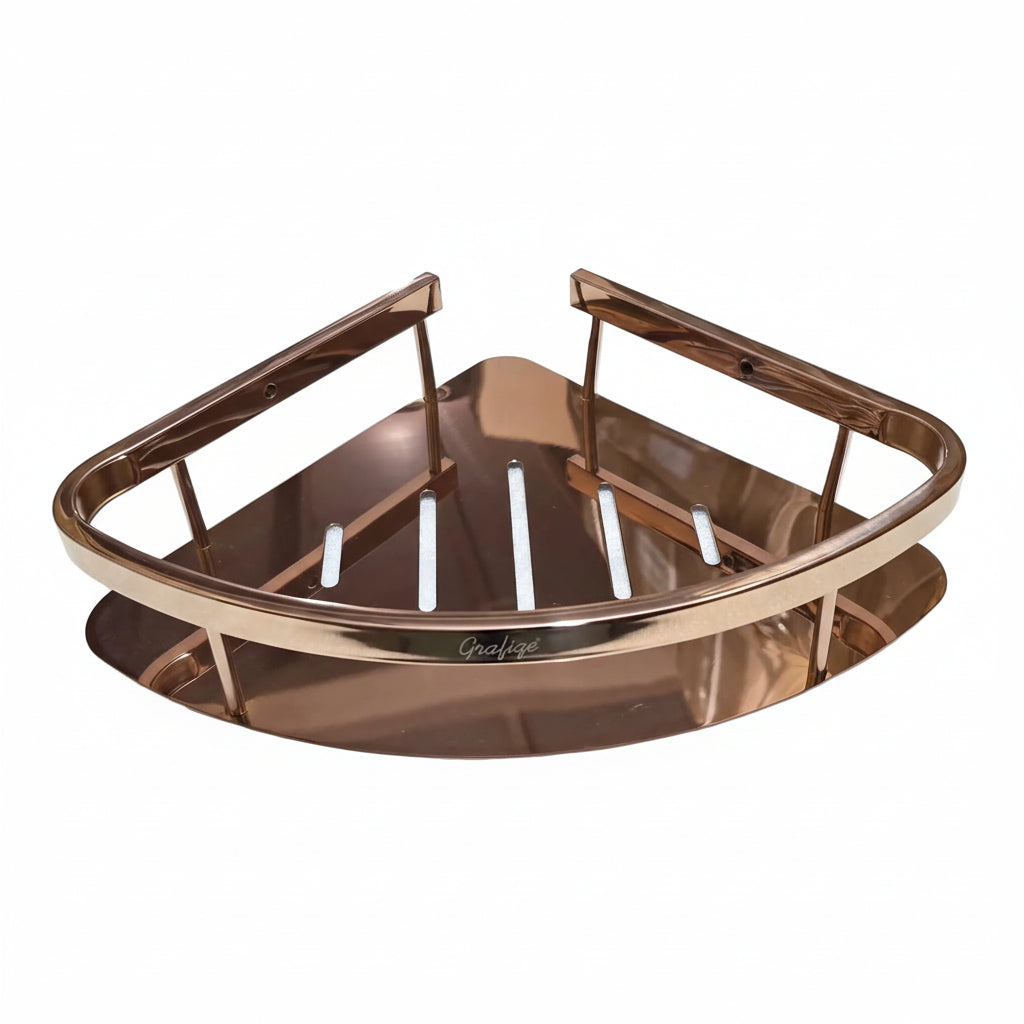 Grafiqe triangular corner shower shelf in a polished rose gold finish, featuring an engraved brand logo, laser-cut drainage slots, and a raised safety rail for secure, rustproof wall-mounted storage.