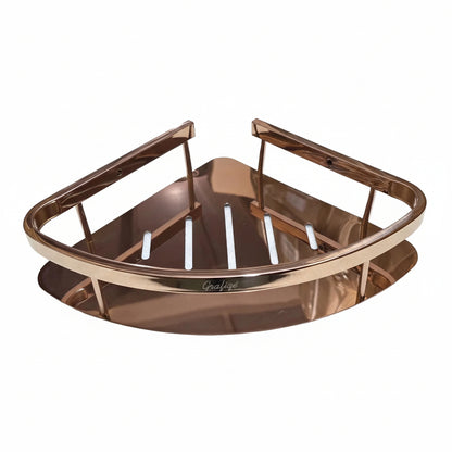 Grafiqe triangular corner shower shelf in a polished rose gold finish, featuring an engraved brand logo, laser-cut drainage slots, and a raised safety rail for secure, rustproof wall-mounted storage.