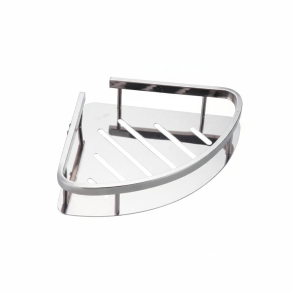 Grafiqe triangular corner shower shelf made of stainless steel in silver, featuring a laser-cut slotted drainage base and a raised safety rail for secure, rustproof wall-mounted bathroom storage.