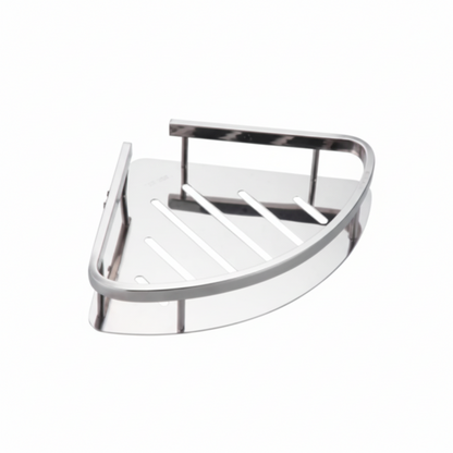 Grafiqe triangular corner shower shelf made of stainless steel in silver, featuring a laser-cut slotted drainage base and a raised safety rail for secure, rustproof wall-mounted bathroom storage.