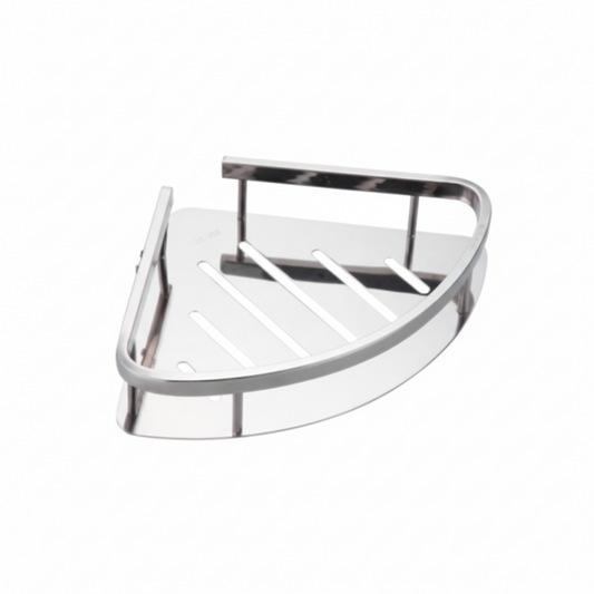 Grafiqe triangular corner shower shelf made of stainless steel in silver, featuring a laser-cut slotted drainage base and a raised safety rail for secure, rustproof wall-mounted bathroom storage.