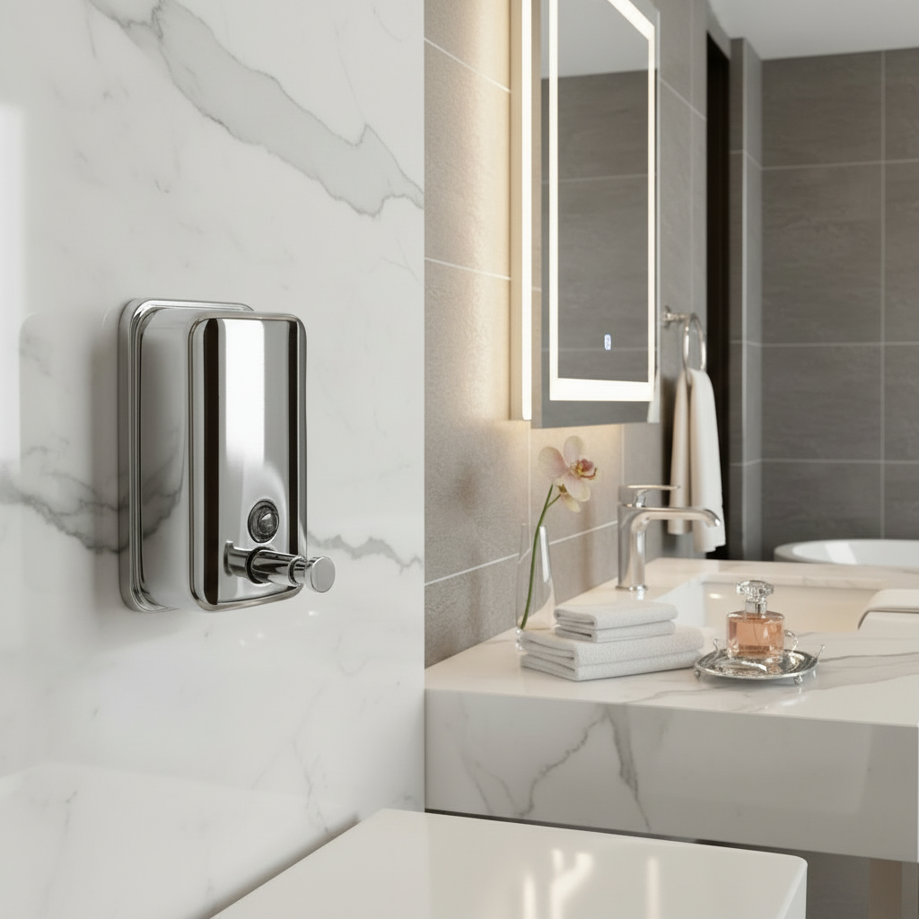 Lifestyle view of a Grafiqe silver stainless steel liquid soap dispenser mounted on a white marble wall next to a modern vanity with a backlit mirror, chrome faucet, and high-end bathroom accessories.