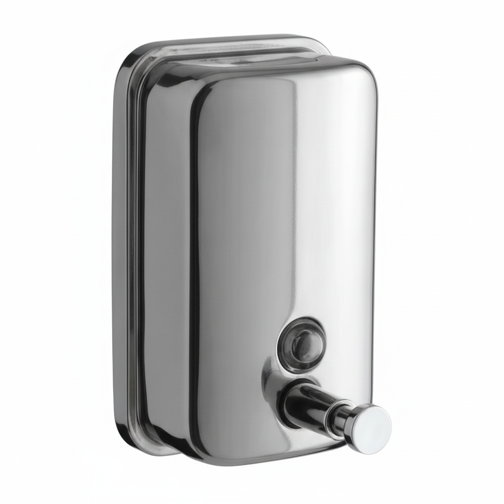 Grafiqe wall-mounted liquid soap dispenser featuring a silver stainless steel vertical housing, a front-facing manual push-button pump, and a transparent circular liquid level indicator for rustproof bathroom organization.