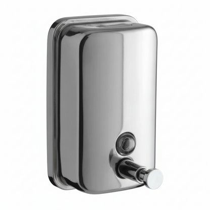 Grafiqe wall-mounted liquid soap dispenser featuring a silver stainless steel vertical housing, a front-facing manual push-button pump, and a transparent circular liquid level indicator for rustproof bathroom organization.