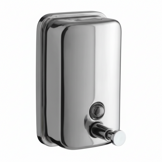Grafiqe wall-mounted liquid soap dispenser featuring a silver stainless steel vertical housing, a front-facing manual push-button pump, and a transparent circular liquid level indicator for rustproof bathroom organization.