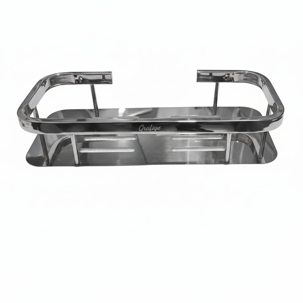 Grafiqe rectangular bathroom shelf made of stainless steel,  featuring an silver engraved brand logo, laser-cut drainage slots, and a raised safety rail for secure, rustproof wall-mounted storage.
