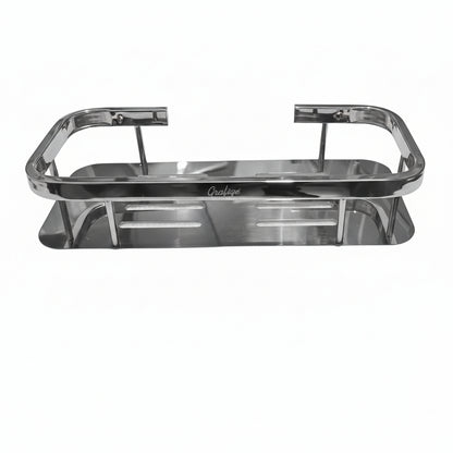 Grafiqe rectangular bathroom shelf made of stainless steel,  featuring an silver engraved brand logo, laser-cut drainage slots, and a raised safety rail for secure, rustproof wall-mounted storage.
