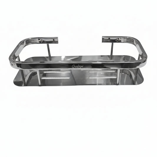 Grafiqe rectangular bathroom shelf made of stainless steel,  featuring an silver engraved brand logo, laser-cut drainage slots, and a raised safety rail for secure, rustproof wall-mounted storage.