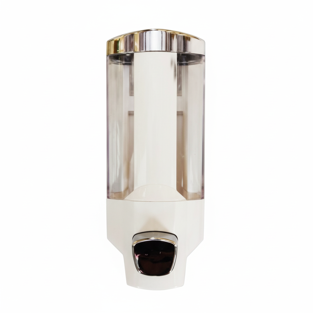 Grafiqe wall-mounted manual soap dispenser featuring a clear vertical reservoir for level monitoring, a high-gloss white housing, and a polished chrome push-button for easy liquid dispensing in showers and vanities.