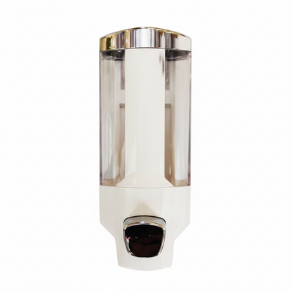 Grafiqe wall-mounted manual soap dispenser featuring a clear vertical reservoir for level monitoring, a high-gloss white housing, and a polished chrome push-button for easy liquid dispensing in showers and vanities.