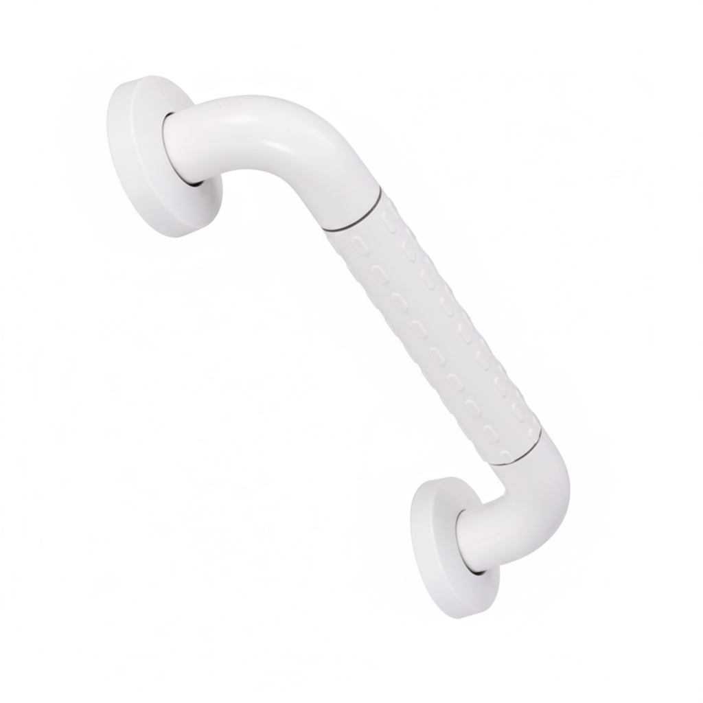 Grafiqe straight bathroom grab bar in a durable white finish, featuring an integrated central anti-slip textured grip and two circular concealed-screw mounting plates for secure wall-mounted safety in showers and bathrooms.