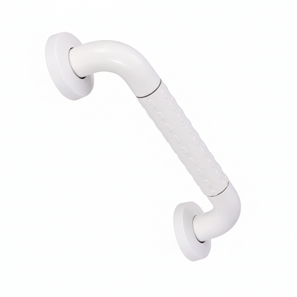 Grafiqe straight bathroom grab bar in a durable white finish, featuring an integrated central anti-slip textured grip and two circular concealed-screw mounting plates for secure wall-mounted safety in showers and bathrooms.