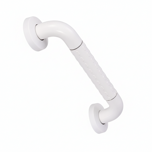 Grafiqe straight bathroom grab bar in a durable white finish, featuring an integrated central anti-slip textured grip and two circular concealed-screw mounting plates for secure wall-mounted safety in showers and bathrooms.