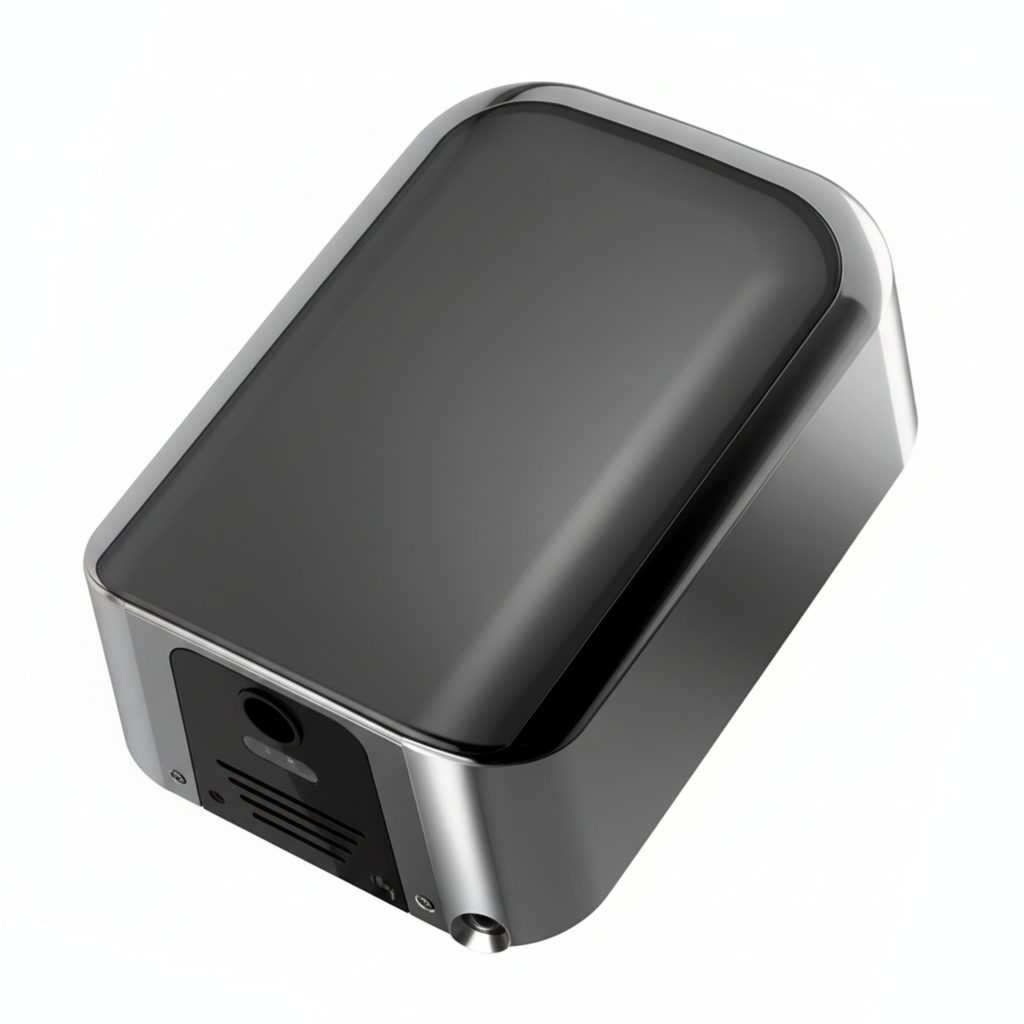 High-angle view of a Grafiqe Titan Series automatic hand dryer featuring a polished chrome body with a sleek black glass-top finish and a high-velocity air outlet for hygienic, touchless commercial use.