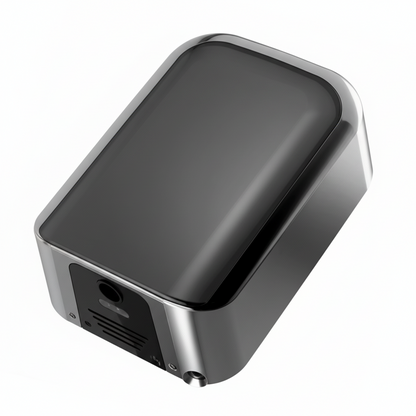 High-angle view of a Grafiqe Titan Series automatic hand dryer featuring a polished chrome body with a sleek black glass-top finish and a high-velocity air outlet for hygienic, touchless commercial use.