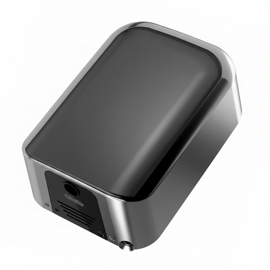High-angle view of a Grafiqe Titan Series automatic hand dryer featuring a polished chrome body with a sleek black glass-top finish and a high-velocity air outlet for hygienic, touchless commercial use.