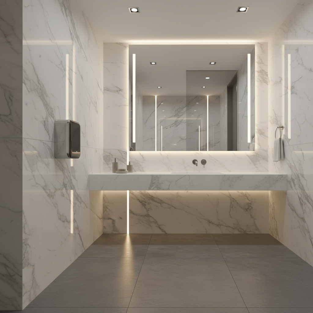 Lifestyle view of a Grafiqe Titan Series automatic hand dryer with a polished chrome finish and black glass fascia, mounted on a white marble wall in a luxury washroom featuring a floating marble vanity and a large backlit mirror.