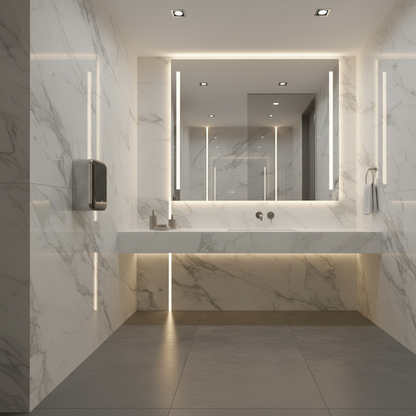 Lifestyle view of a Grafiqe Titan Series automatic hand dryer with a polished chrome finish and black glass fascia, mounted on a white marble wall in a luxury washroom featuring a floating marble vanity and a large backlit mirror.