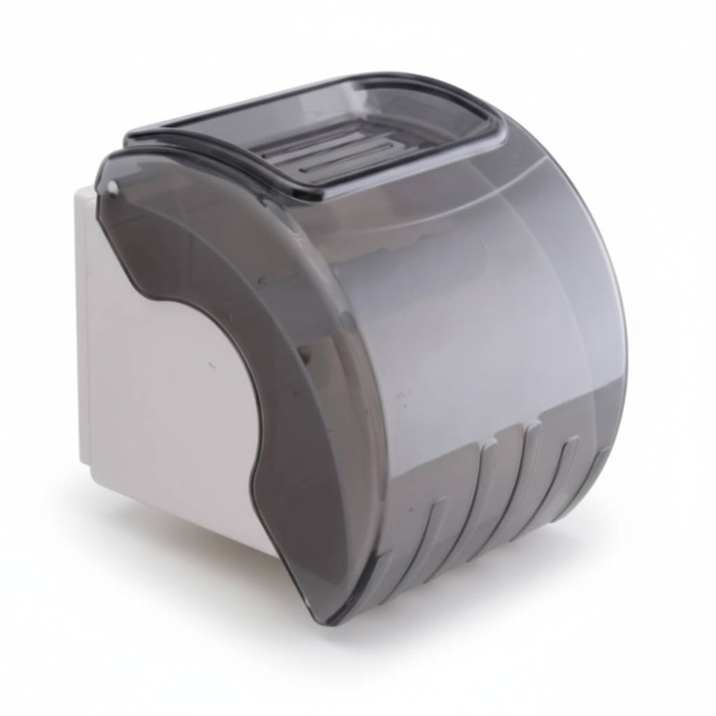 Grafiqe wall-mounted toilet roll holder featuring a translucent grey waterproof cover, a white mounting base, and an integrated mini shelf on top for holding small items or a smartphone.