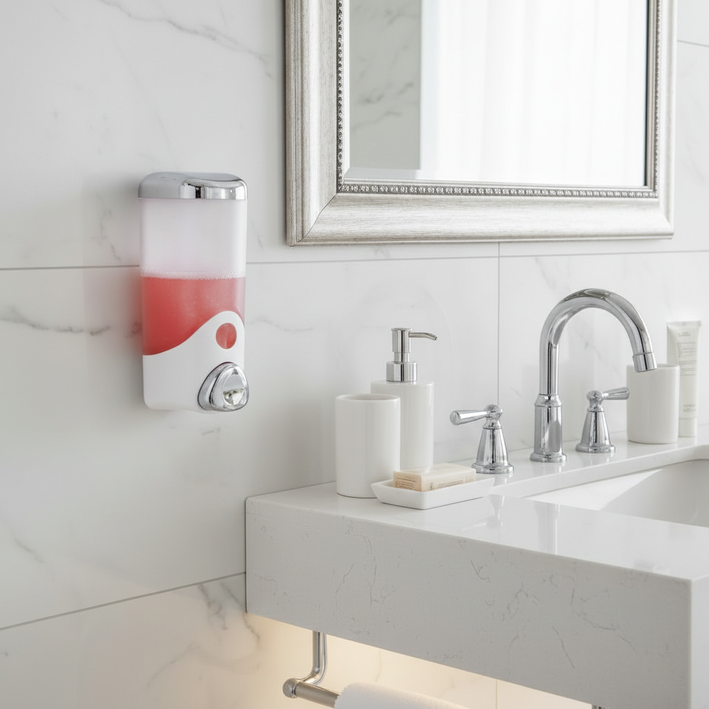 Lifestyle shot of a Grafiqe wave-contoured frosted liquid dispenser mounted on a white marble wall, positioned next to a silver-framed mirror and a modern sink with chrome fixtures for clean bathroom organization.