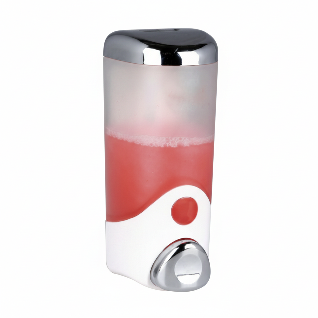 Grafiqe wall-mounted manual soap dispenser featuring a frosted translucent reservoir with a white wave-contoured base, a polished chrome top cap, and a large chrome push-button for easy liquid dispensing in bathrooms and kitchens.