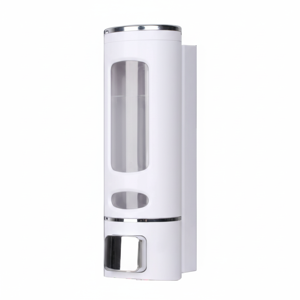 Grafiqe wall-mounted cylindrical liquid dispenser in a clean white finish, featuring a large vertical transparent viewing window for level monitoring and a chrome manual push-button pump for organized bathroom and shower storage.