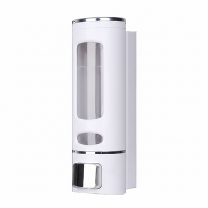 Grafiqe wall-mounted cylindrical liquid dispenser in a clean white finish, featuring a large vertical transparent viewing window for level monitoring and a chrome manual push-button pump for organized bathroom and shower storage.