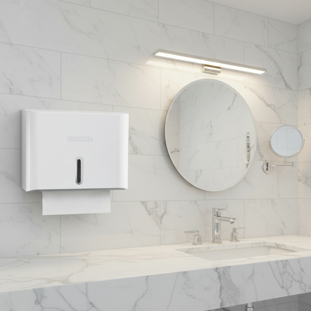 Lifestyle view of a Grafiqe white classic paper towel dispenser mounted on a white marble tile wall in a luxury bathroom featuring a wide marble vanity, chrome fixtures, a circular mirror, and a linear LED vanity light.