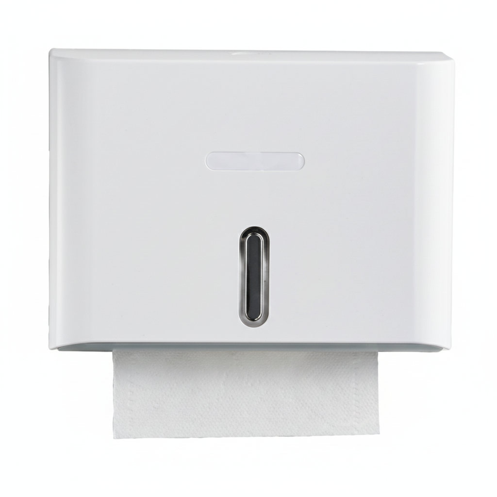 Grafiqe wall-mounted classic paper towel dispenser in a white finish, featuring a central vertical viewing window for paper level monitoring and a secure lockable top for commercial washroom sanitation.