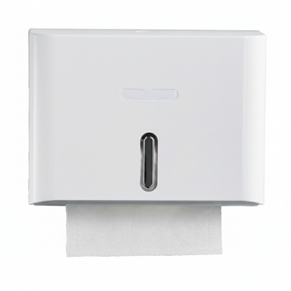 Grafiqe wall-mounted classic paper towel dispenser in a white finish, featuring a central vertical viewing window for paper level monitoring and a secure lockable top for commercial washroom sanitation.