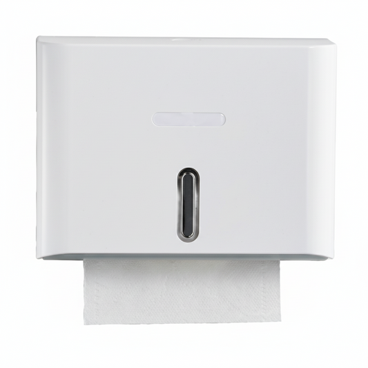 Grafiqe wall-mounted classic paper towel dispenser in a white finish, featuring a central vertical viewing window for paper level monitoring and a secure lockable top for commercial washroom sanitation.
