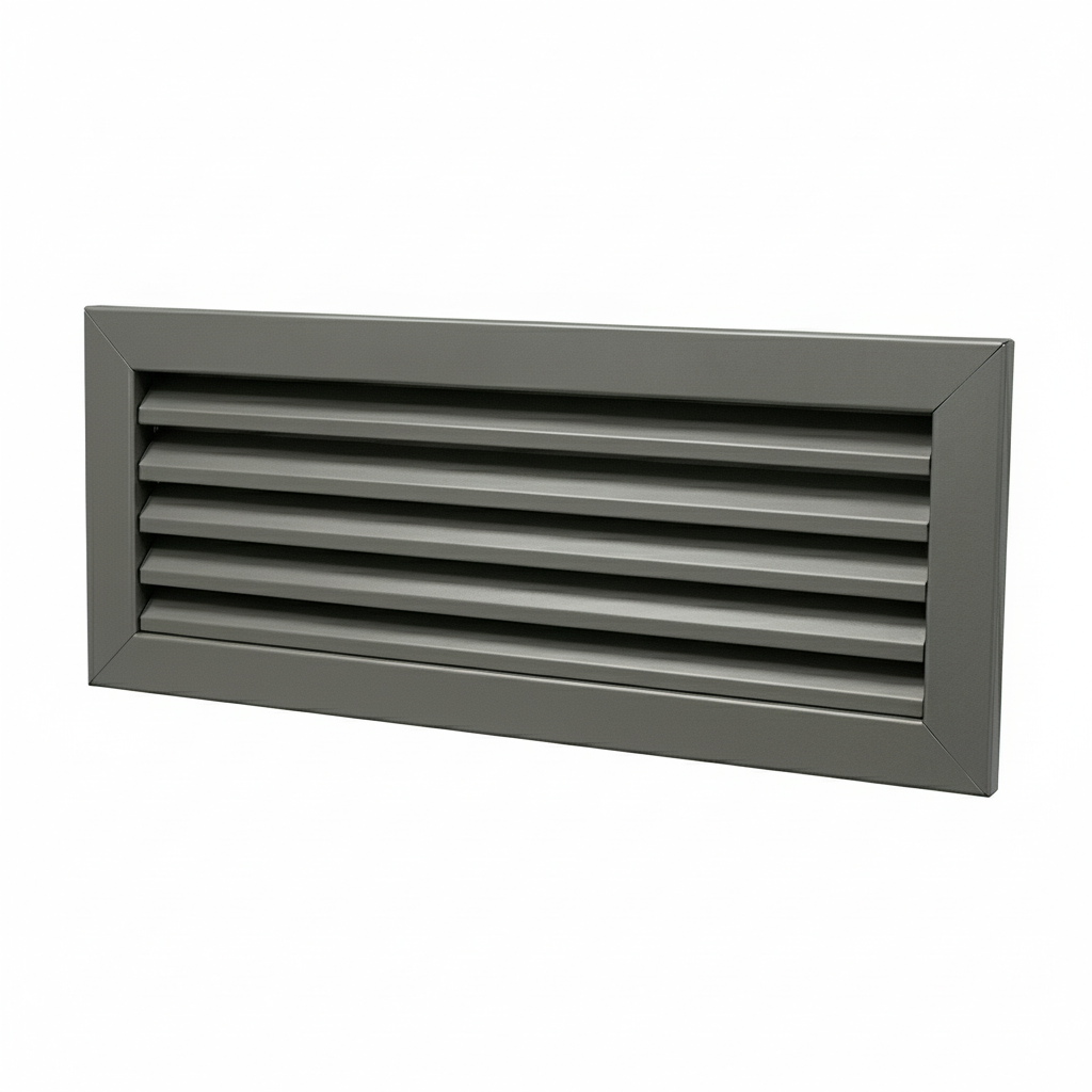 A rectangular grey powder-coated aluminum louvre air vent grille. The image showcases the fixed angled blades designed for efficient airflow and ventilation, ideal for wall-mounted installation in residential and commercial HVAC systems to provide a clean, professional finish.